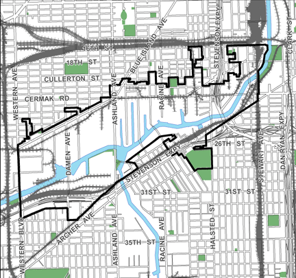Pilsen Industrial Corridor TIF district, roughly bounded on the north by 16th Street, 33rd Street on the south, Stewart Avenue on the east, and Western Avenue on the west.
